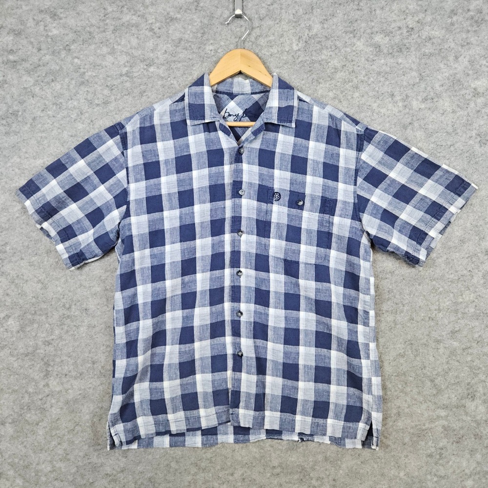 George‎ Strait Men's Blue Plaid Shirt Size M Linen/Cotton Blend Western SNAG